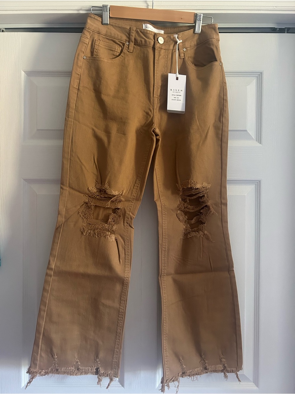 Risen Stretchy High-Rise Distressed Crop Jeans in Camel/Mocha color